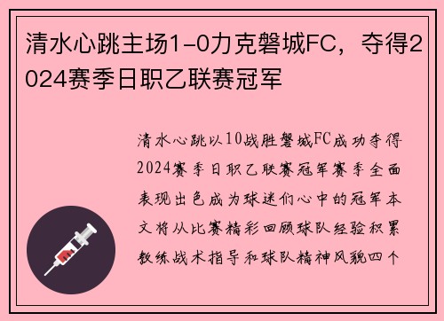 清水心跳主场1-0力克磐城FC，夺得2024赛季日职乙联赛冠军